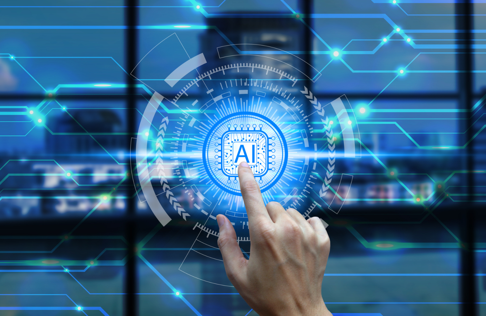 Hand interacting with a digital AI interface symbolizing artificial intelligence innovation and technology advancement