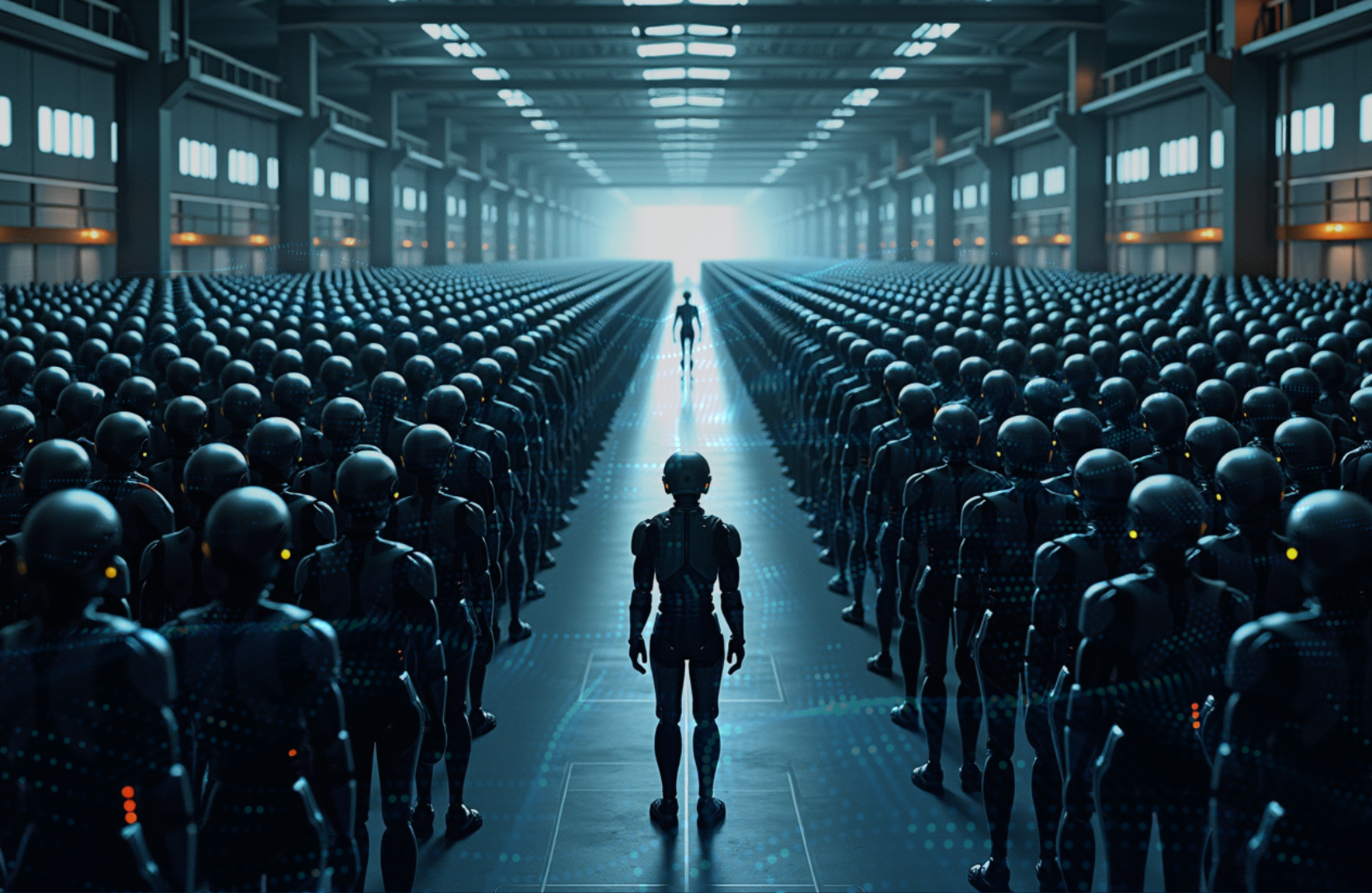 Futuristic warehouse filled with identical humanoid robots arranged in rows, representing mass production of robots.
