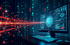 Computer screen with cybersecurity dashboard defends against incoming digital threats in a glowing, high-tech data environment.